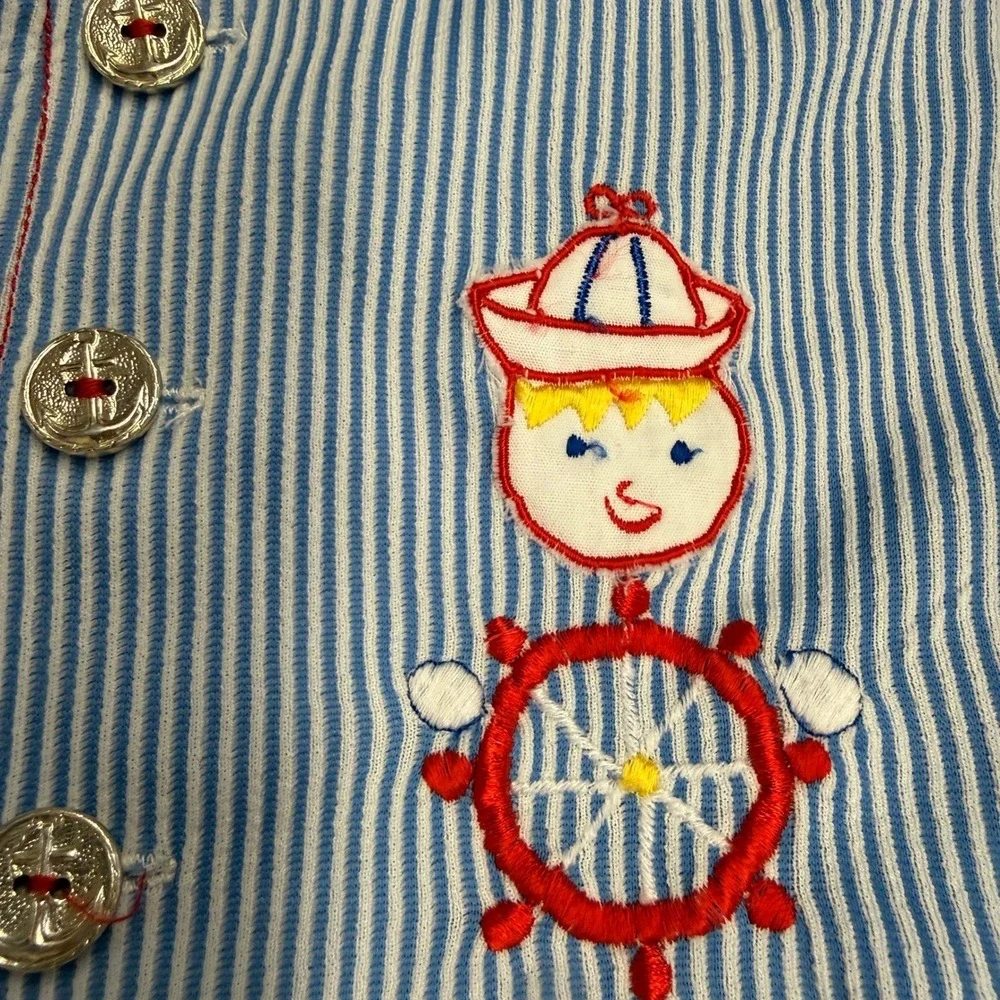 Vintage‎ Kids Vest Blue White Nautical Seersucker Embroidered Sailor 2T